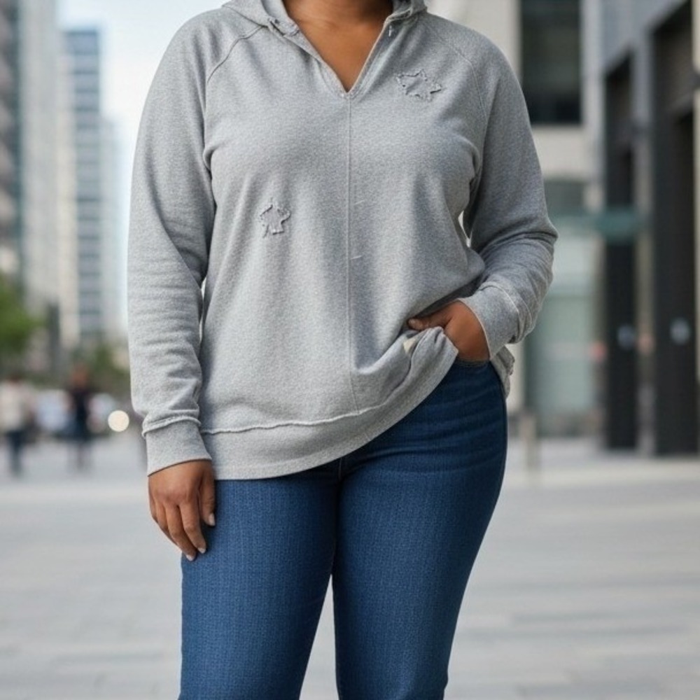 Odd Molly Star Distressed Hoodie Gray V-Neck Cotton Boho Relaxed Fit Sweatshirt